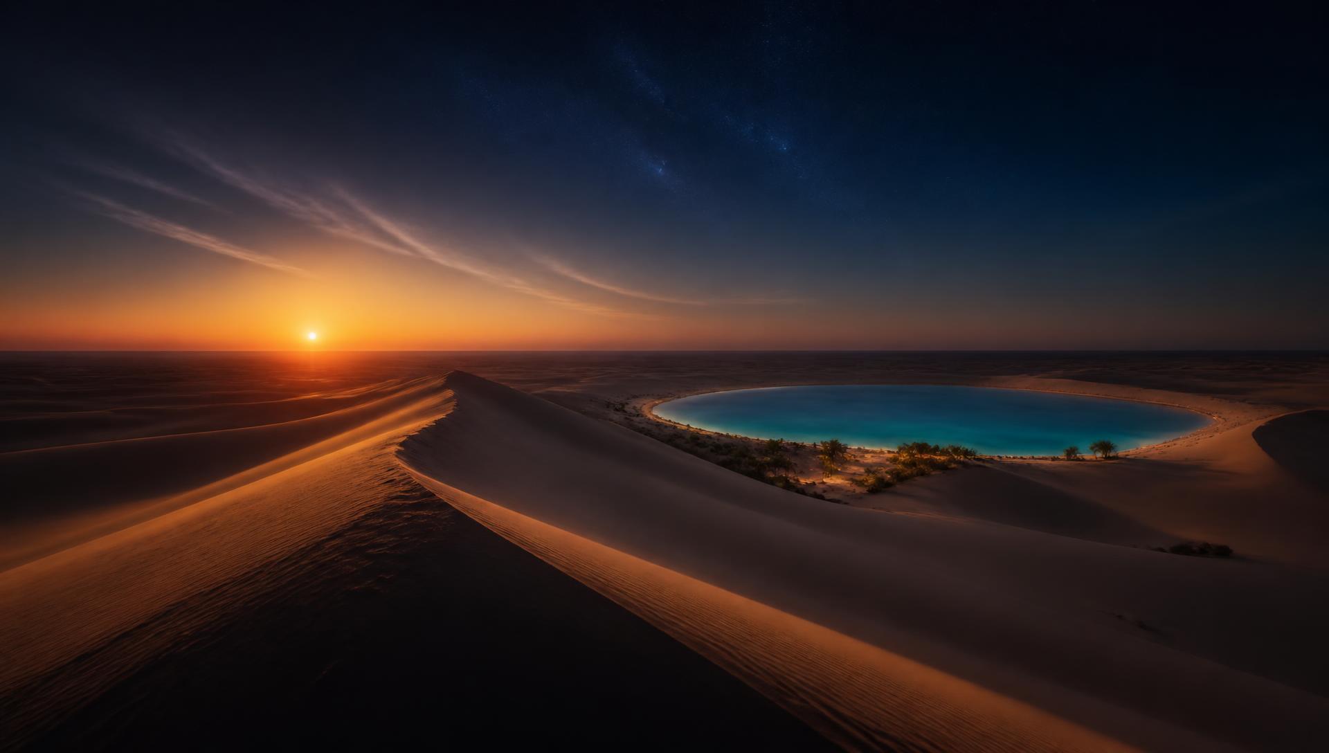 A turquoise oasis under a deep dusk sky